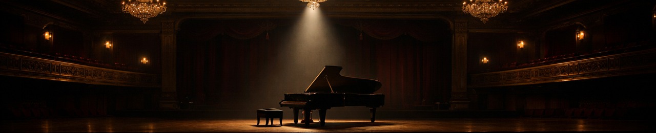 Концертный зал — рояль на сцене в луче прожектора
