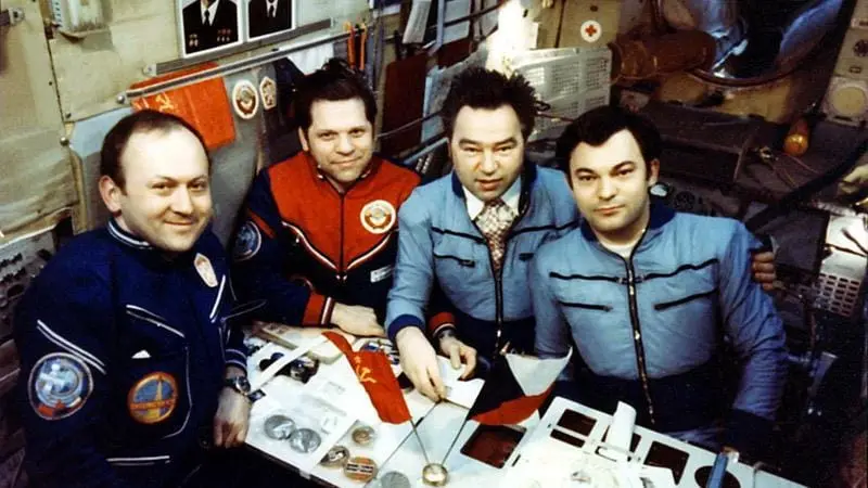 Экипаж на борту «Салюта-6»: Ремек, Губарев, Романенко, Гречко, март 1978