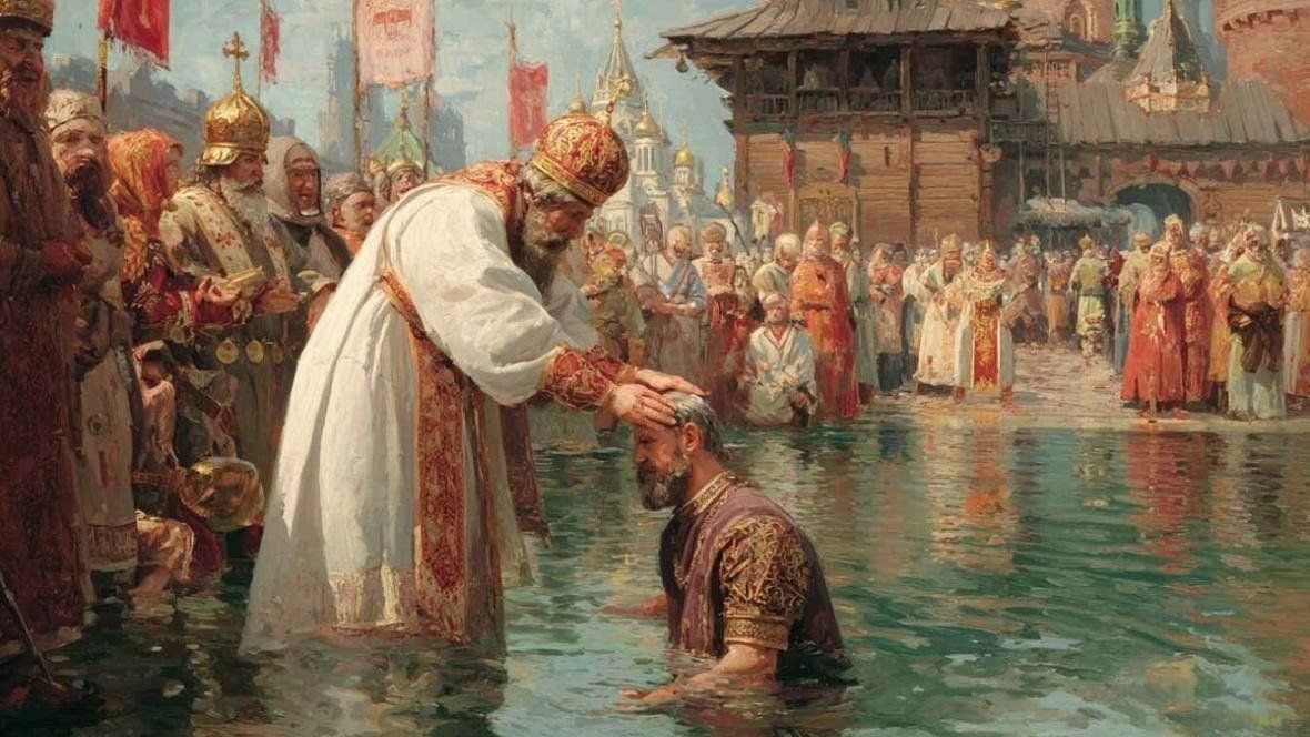 Крещение князя Владимира в Корсуни: священник возлагает руку на голову князя, стоящего в воде