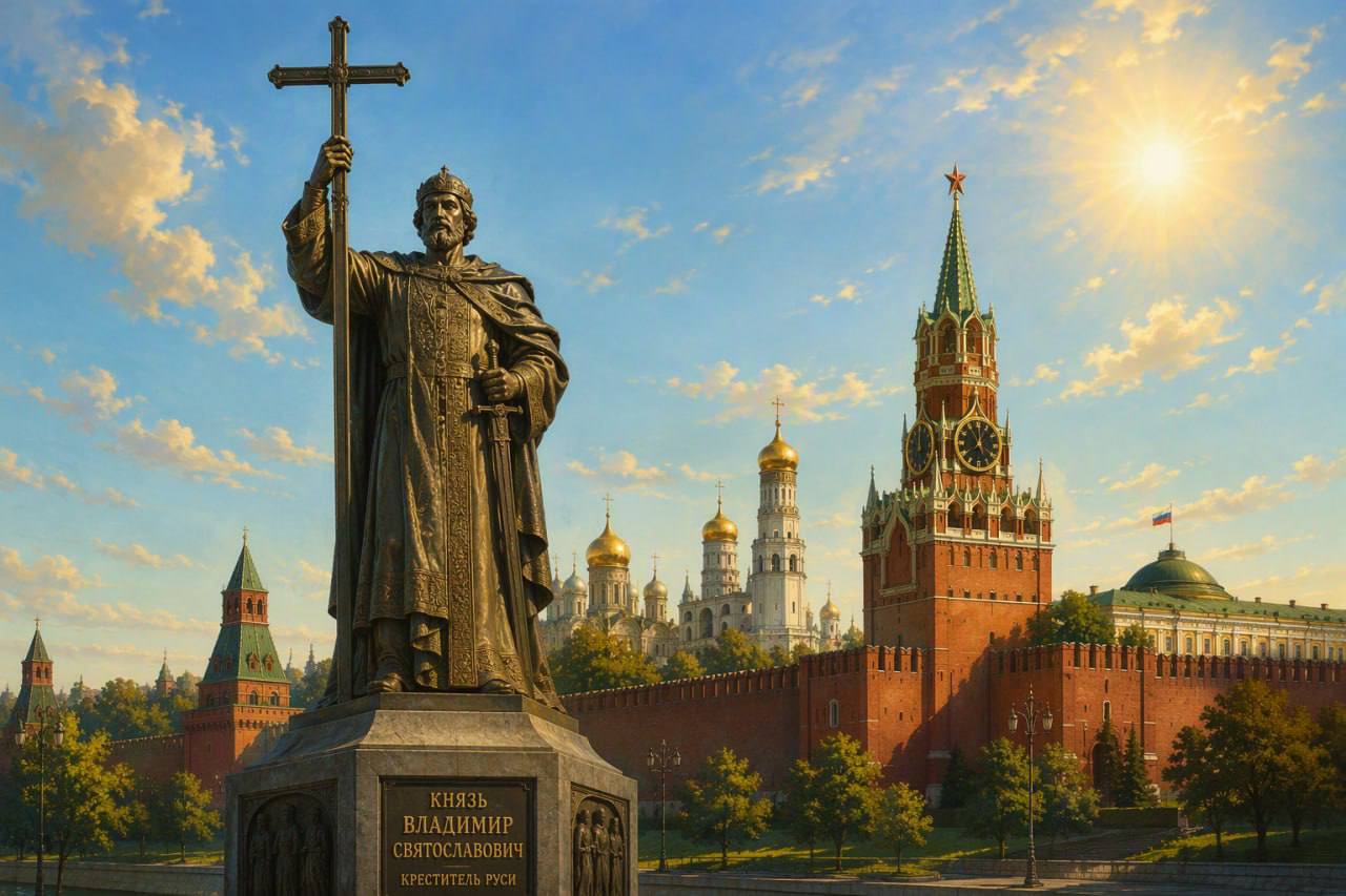 Памятник князю Владимиру с крестом в руке на фоне башен Московского Кремля