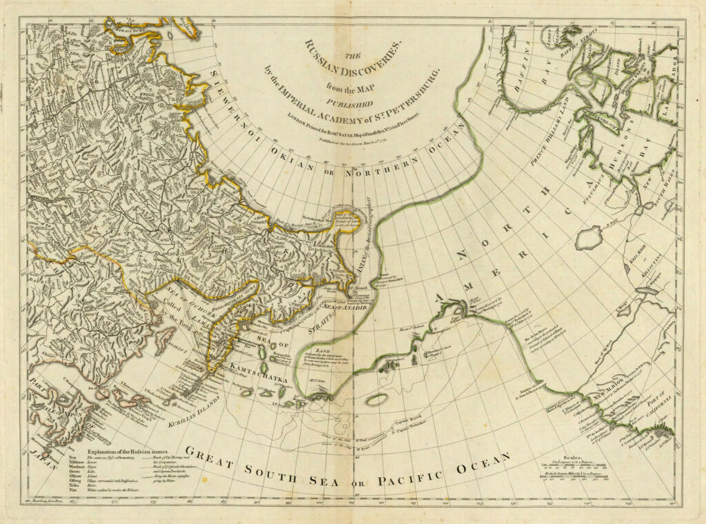 Карта «Русские открытия» (Т. Джефферрис, Лондон, 1776) с маршрутами плаваний Беринга и Чирикова